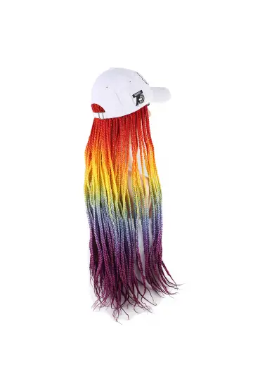 Beyaz Şapkalı Örgü Peruk / Turuncu / Sarı / Mavi / Mor Ombreli  