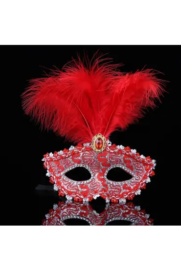 Kırmızı Dantel İşlemeli Balo Maskesi Parti Maskesi 16x22 cm  