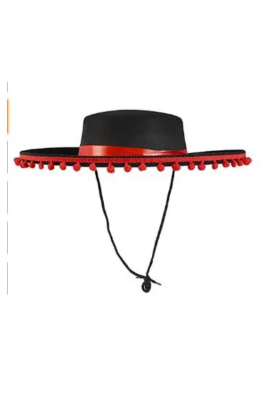 Kırmızı Ponponlu Siyah Renk Çocuk İspanyol Şapkası  