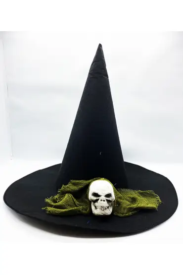 Siyah Renk Yeşil Duvaklı Kuru Kafa Temalı Cadı Şapkası 35x38 cm  