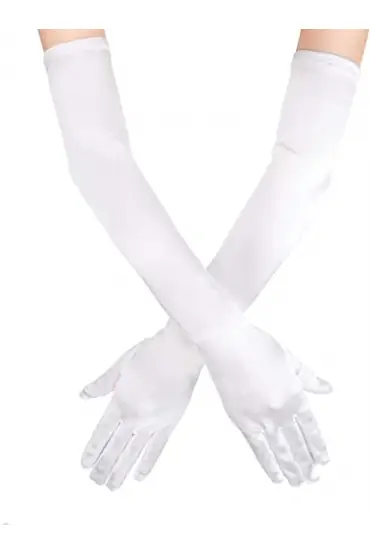Beyaz Renk Dirseğe Kadar Uzun Kumaş Eldiven 40 cm  