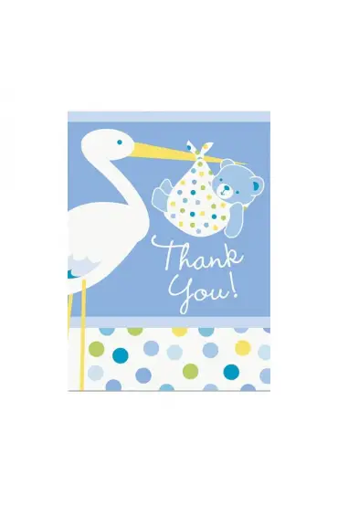 Mavi Renk Baby Stork Baby Shower Teşekkür Zarfı ve Not Seti 8 Adet  