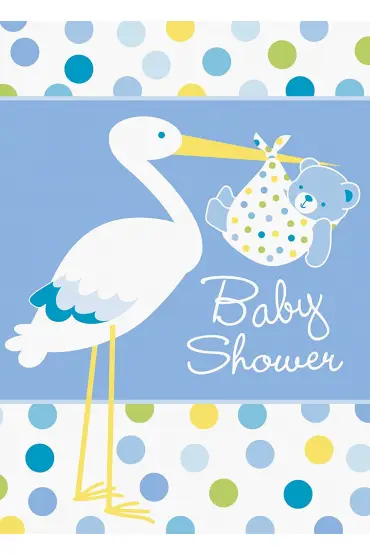 Baby Boy Stork Temalı Mavi Renk Baby Shower Davetiye 8 Adet  