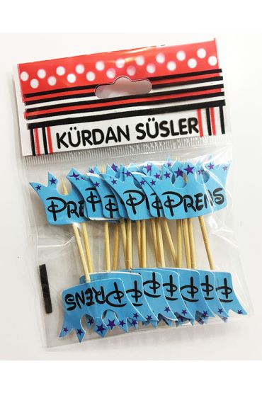 Mavi Renk Prens Yazılı Parti Kürdan Süsü 20 Adet  
