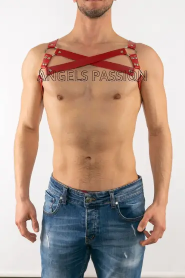  41 Erkek Deri Göğüs Harness, Erkek Sporcu Deri Göğüs Aksesuar - Ürün Rengi:Kırmızı