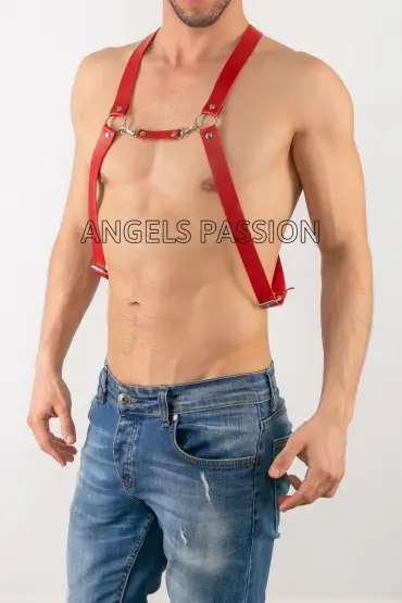  41 Deri Erkek Harness Pantolon Aksesuar, Göğüs Erkek Harness - Ürün Rengi:Kırmızı
