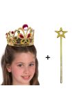 Çocuklar İçin Kraliçe Tacı - Çocuk Prenses Tacı ve Prenses Sopası Değneği Altın Renk  