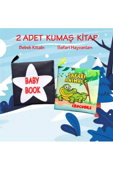  247 2 Kitap  İngilizce Siyah-Beyaz Bebek ve Safari Hayvanları Kumaş Sessiz Kitap
