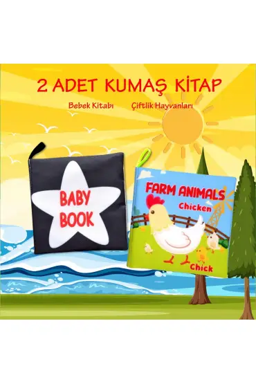  247 2 Kitap  İngilizce Siyah-Beyaz Bebek ve Çiftlik Hayvanları Kumaş Sessiz Kitap