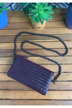  359  El Örgüsü Küçük Boy Bordo Hakiki Deri Kadın Çantası