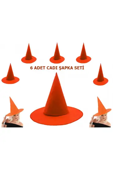 Turuncu Renk Keçe Cadı Şapkası Yetişkin Çocuk Uyumlu 6 Adet  