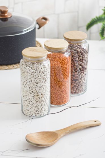 3 Lü Set Bambu Kapaklı Cam Kavanoz & Erzak Saklama Kabı 1.300 ml Büyük Boy ( Vakum Kapak )