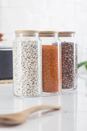 3 Lü Set Bambu Kapaklı Cam Kavanoz & Erzak Saklama Kabı 1.300 ml Büyük Boy ( Vakum Kapak )