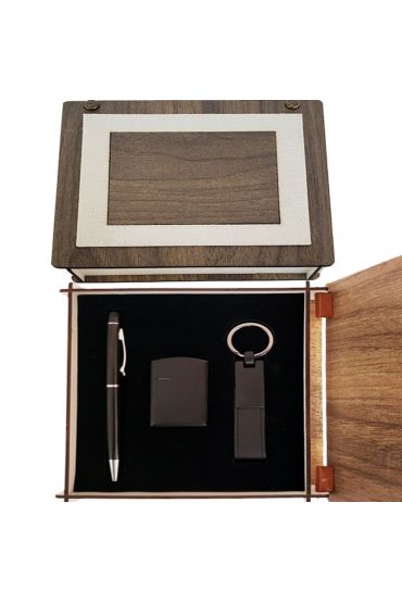 özel Ahşap Kutulu Mat Siyah Kalem Anahtarlık Ve çakmak Set