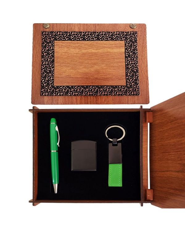 Ahşap Kutulu Yeşil Kalem Anahtarlık Ve çakmak Seti