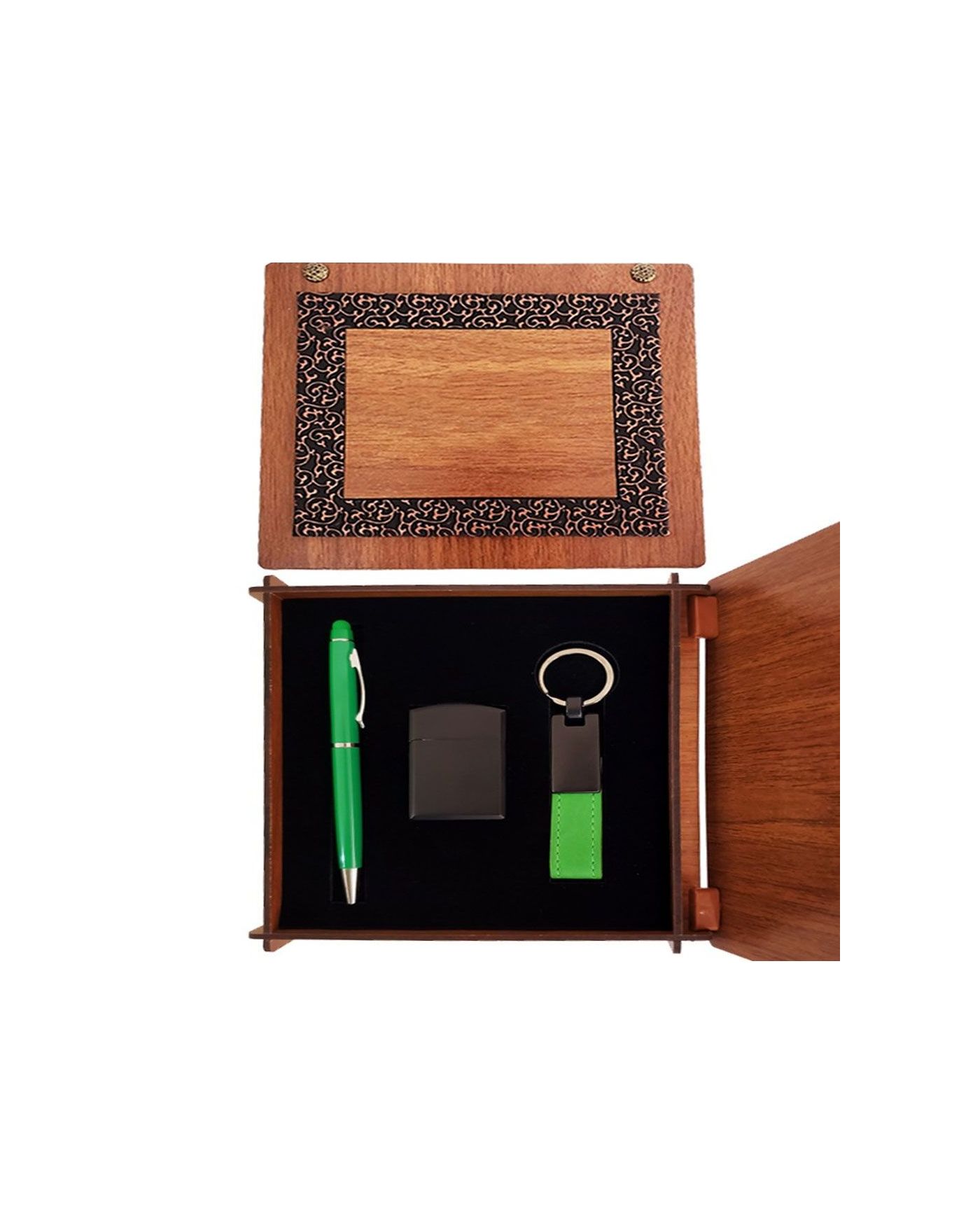 Ahşap Kutulu Yeşil Kalem Anahtarlık Ve çakmak Seti