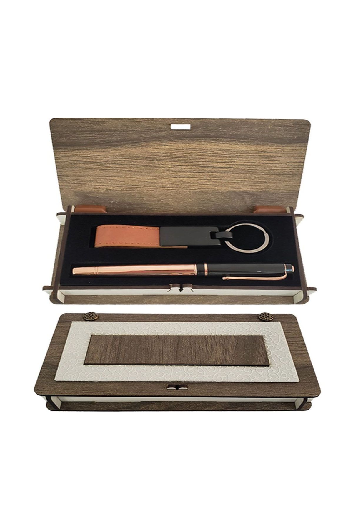 Ahşap Kutulu Bakır Kalem Anahtarlık Set