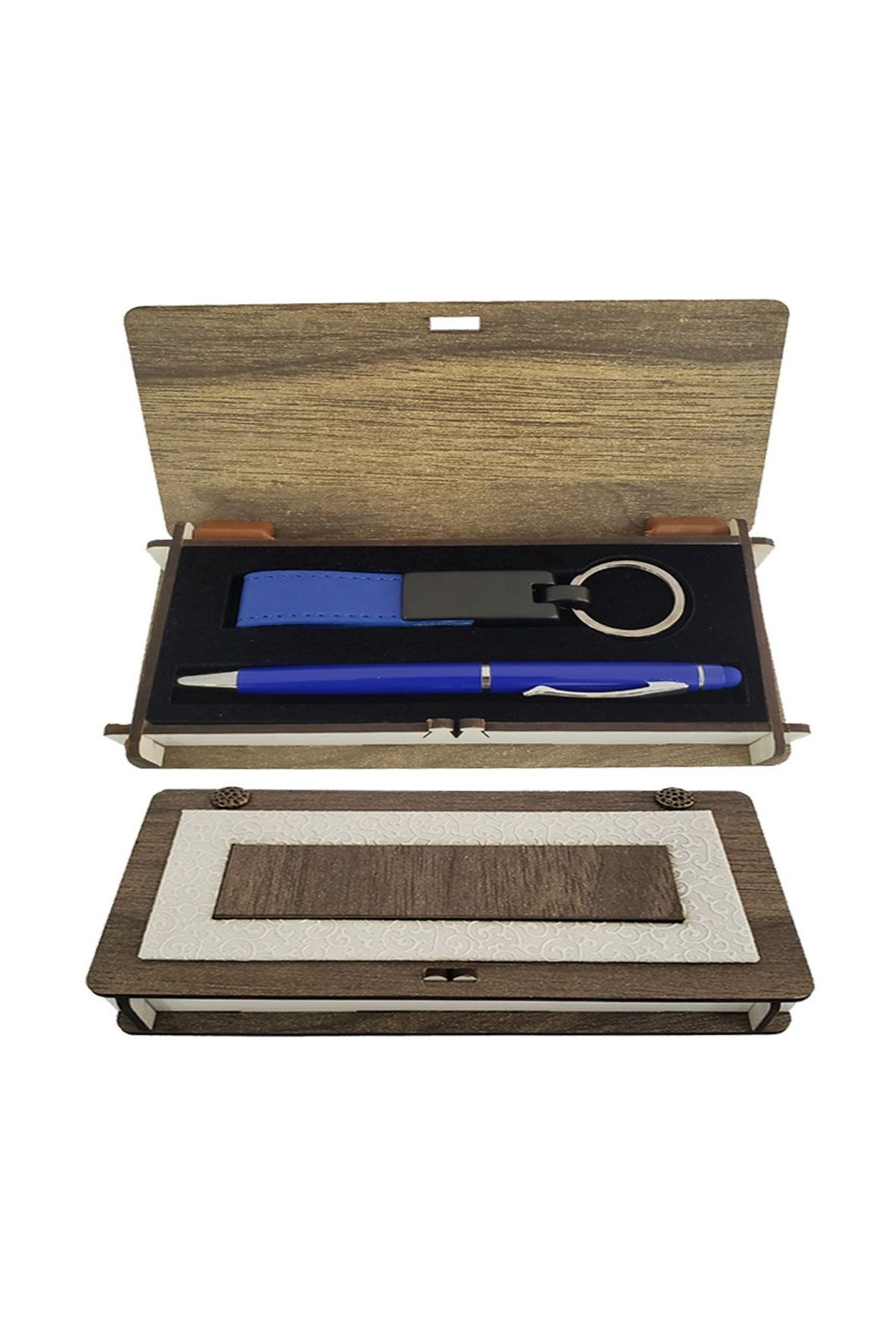 Ahşap Kutulu Mavi Kalem Anahtarlık Set