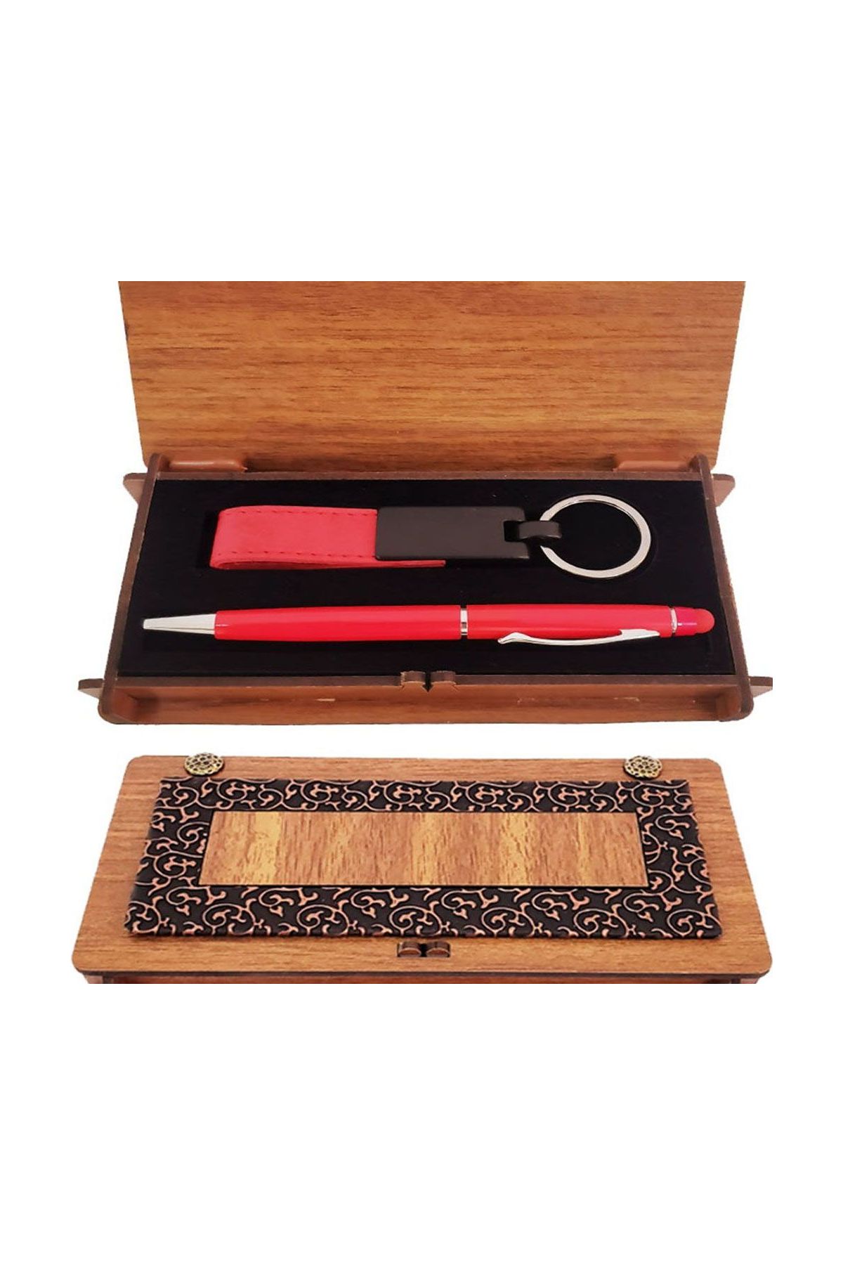 Ahşap Kutulu Kırmızı Kalem Ve Anahtarlık Set