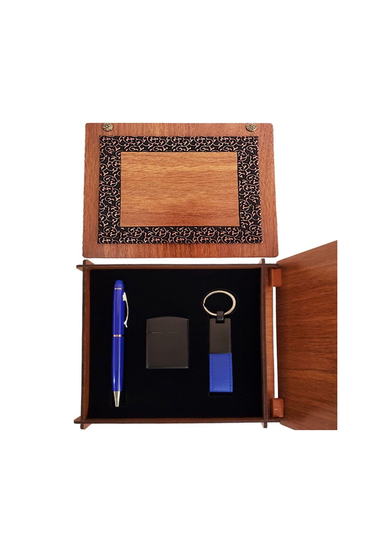 Ahşap Kutulu Mavi Kalem Anahtarlık Ve çakmak Set