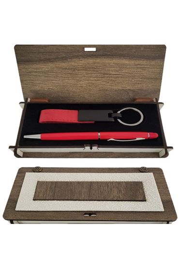 Ahşap Kutulu Kırmızı Anahtarlık Ve Kalem Set
