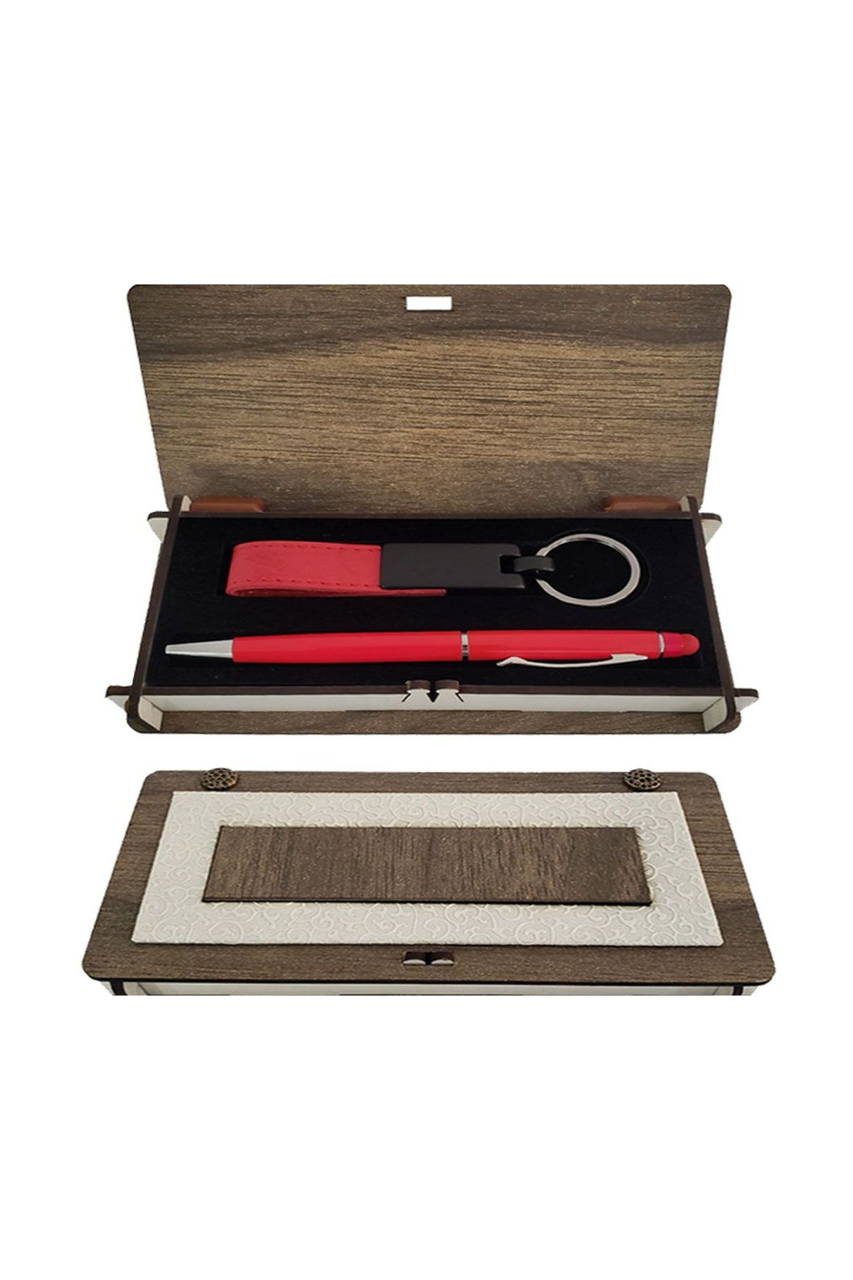 Ahşap Kutulu Kırmızı Anahtarlık Ve Kalem Set