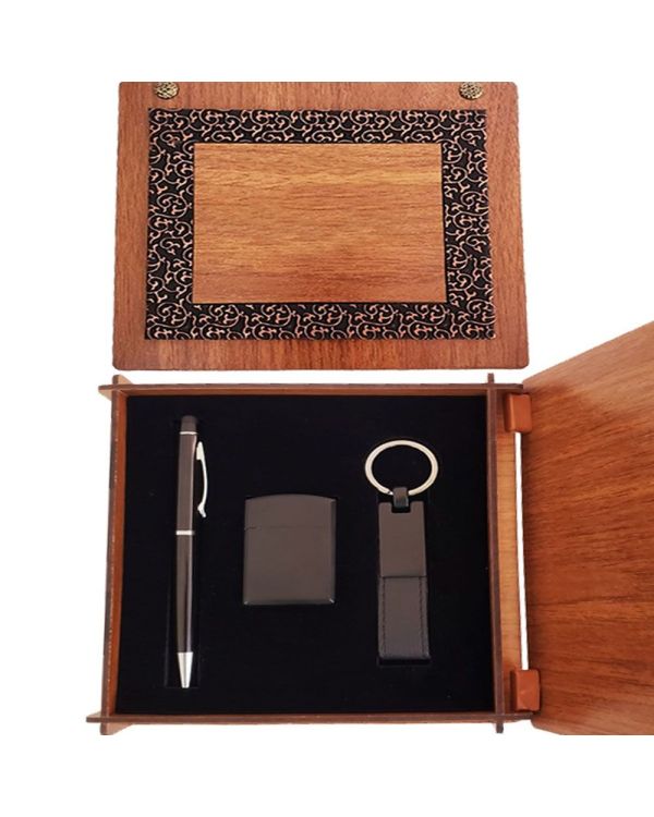 Ahşap Kutulu Siyah Kalem Anahtarlık Ve Mat çakmak Seti