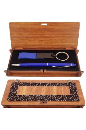Ahşap Kutulu Koyu Mavi Kalem Ve Anahtarlık Set