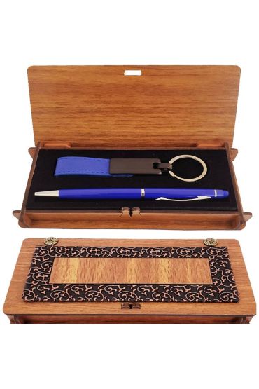 Ahşap Kutulu Koyu Mavi Kalem Ve Anahtarlık Set