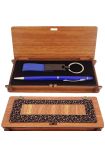 Ahşap Kutulu Koyu Mavi Kalem Ve Anahtarlık Set