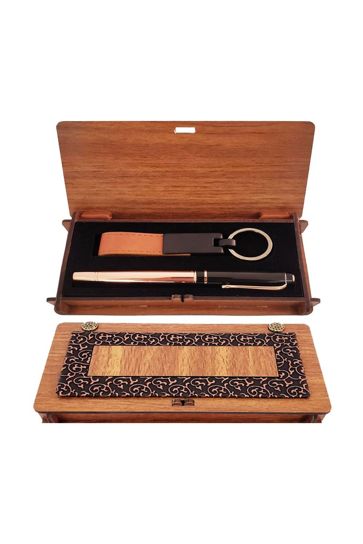 Ahşap Kutulu Bakır Roller Kalem Ve Taba Anahtarlık Set