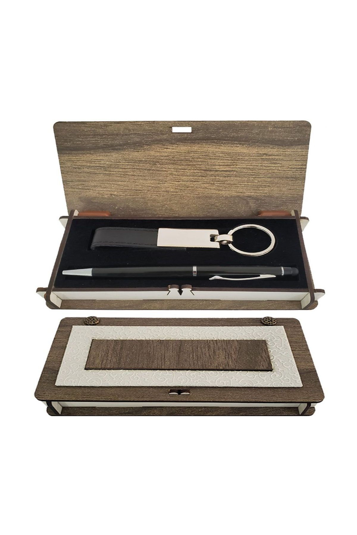 Ahşap Kutulu Siyah Anahtarlık Ve Kalem Set