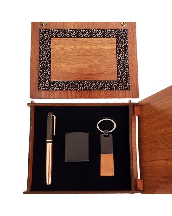 Ahşap Kutulu Bakır Roller Kalem Taba Renk Anahtarlık Ve çakmak Set