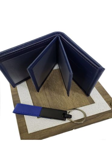 Deri Mavi Anahtarlık Ve Cüzdan Set