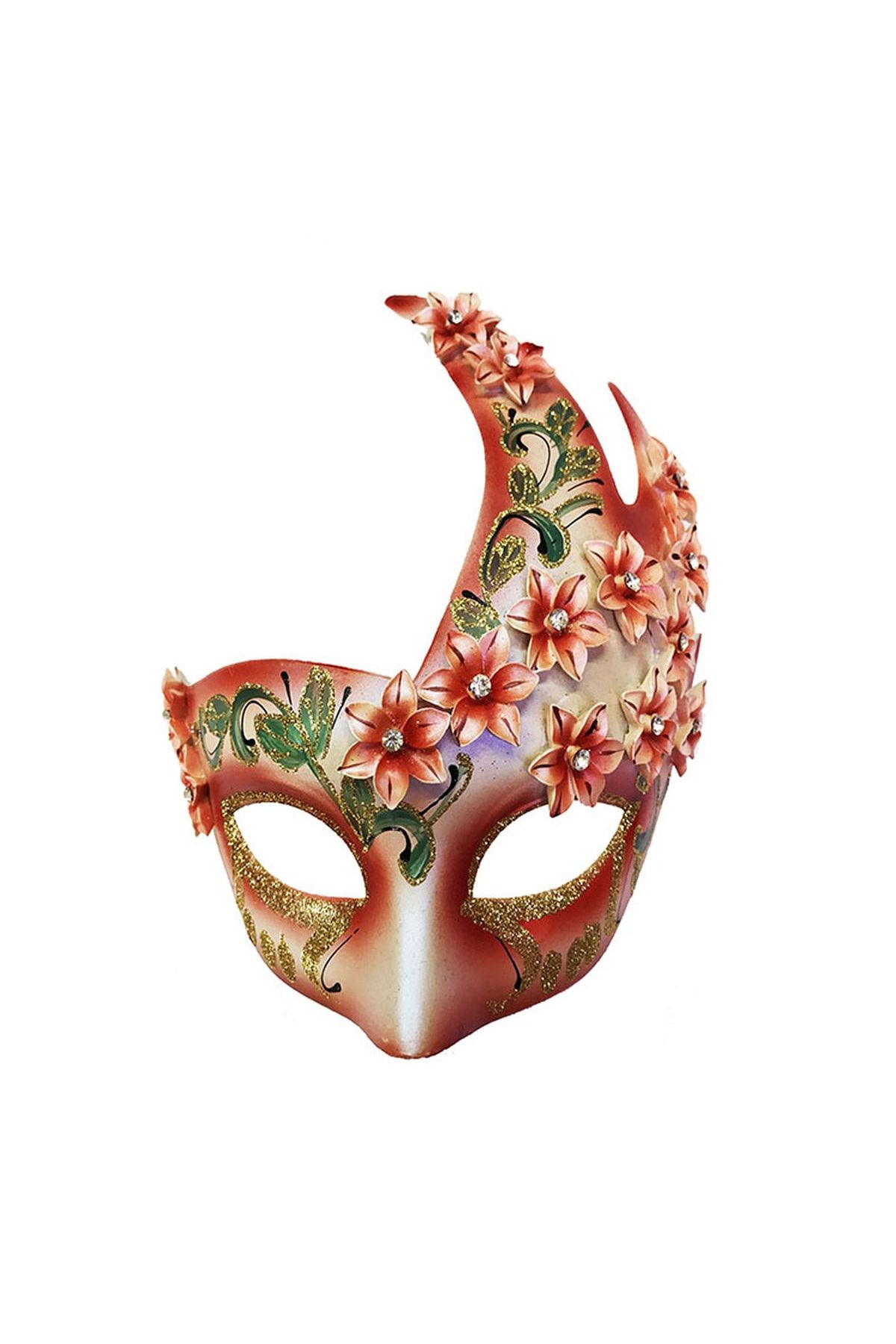 Çiçekli Orjinal Masquerade Harem Maskesi El İşlemeli Kırmızı Renk