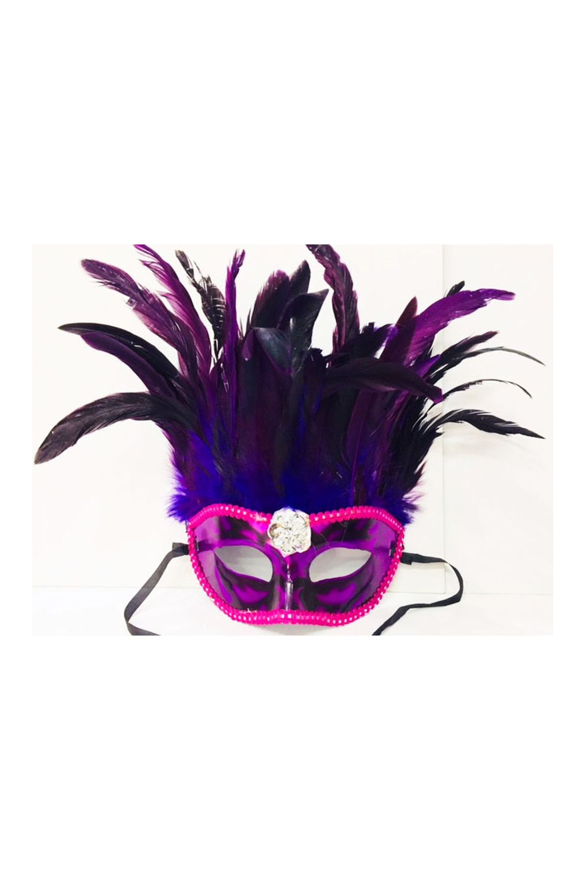 Mor Renk Ekstra Bol Kuş Tüylü Gümüş Dantelli Venedik Maskesi 30x19 cm