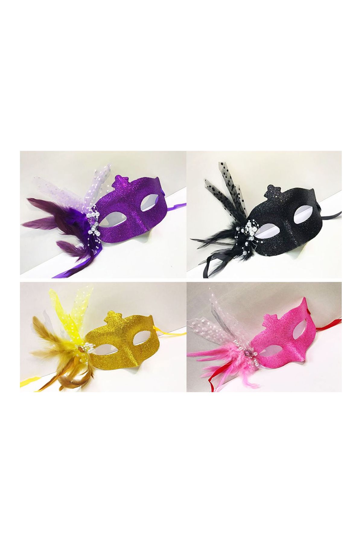 Simli Yılbaşı Venedik Tüylü Parti Maskesi Karışık Renk 12 Adet