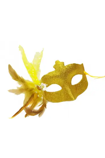 Sim İşlemeli İnci Boncuk Detaylı Tüylü Balo Maskesi Altın Renk 13x18 cm
