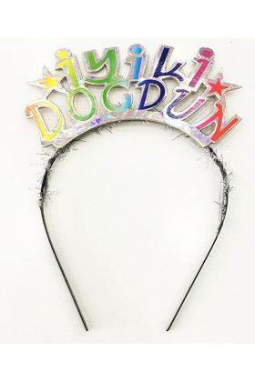 Rengarenk İyiki Doğdun Yazılı Gümüş Renk Unicorn Doğum Günü Tacı