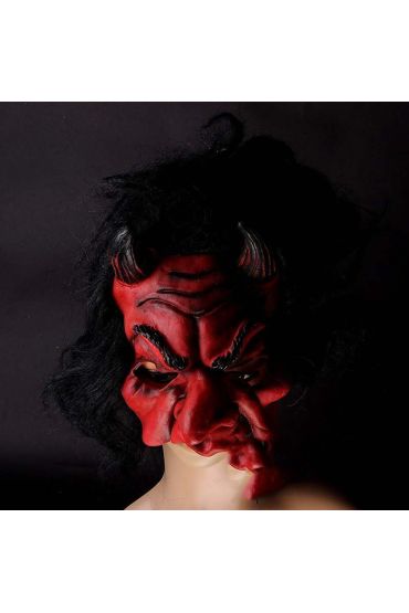 Lateks Korku Maskesi Şeytan Boynuzlu Kırmızı Maske Saçlı