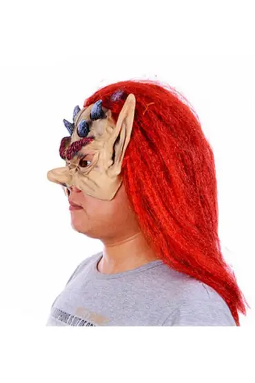 Kırmızı Saçlı Yarım Surat Boynuzlu Lateks Asteriks Viking Hobbit Maskesi