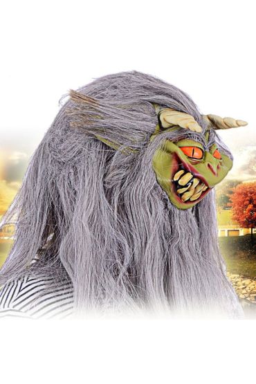 Uzun Kırçıllı Gri Sakallı Turuncu Gözlü Boynuzlu Lateks Canavar Maskesi