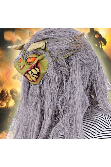 Uzun Kırçıllı Gri Sakallı Turuncu Gözlü Boynuzlu Lateks Canavar Maskesi