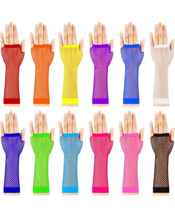 Rengarenk Dirsek Altı Boy Fileli Toptan Parti Eldiveni 12 Çift