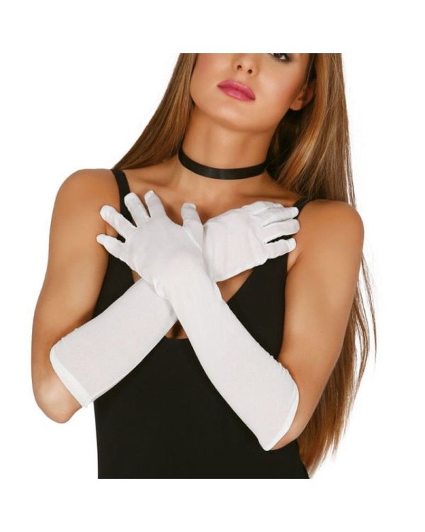 Beyaz Renk Dirseğe Kadar Uzun Kumaş Eldiven 40 cm