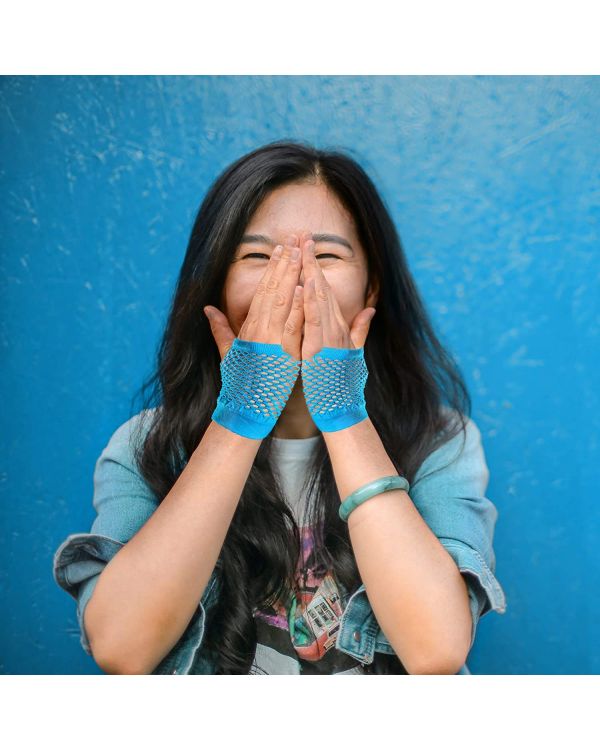 Mavi Renk Kısa Boy Fileli Örgü Eldiven