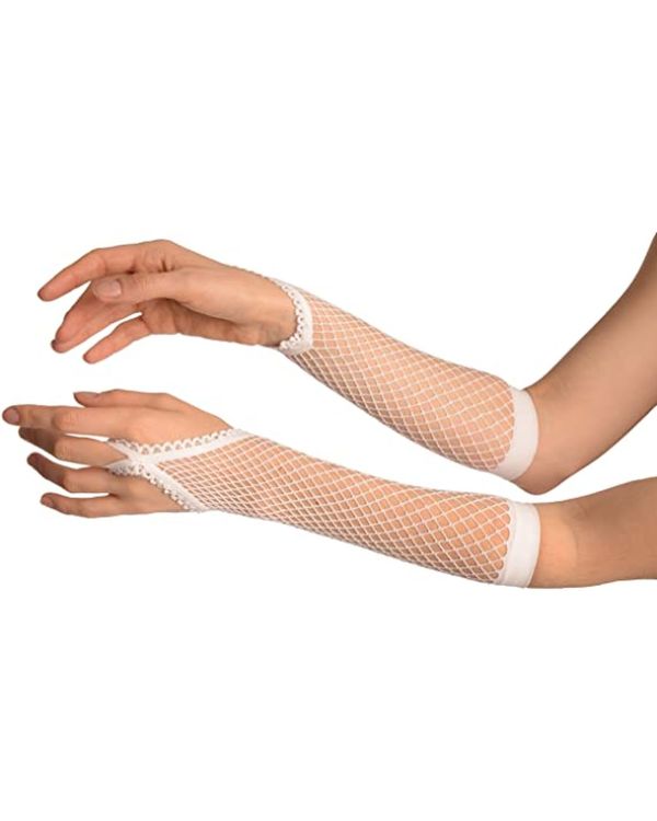 Beyaz Renk Parmak Arası File Örgü Eldiven 26 cm