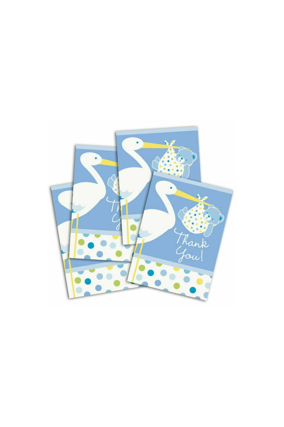 Mavi Renk Baby Stork Baby Shower Teşekkür Zarfı ve Not Seti 8 Adet