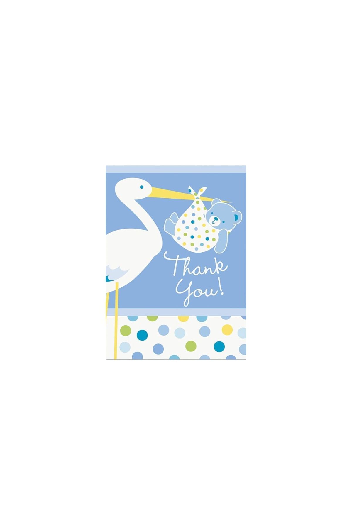 Mavi Renk Baby Stork Baby Shower Teşekkür Zarfı ve Not Seti 8 Adet