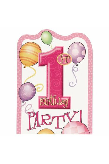 1 Yaş Doğum Günü Partisi Davetiyesi Pembe Renk 8 Adet
